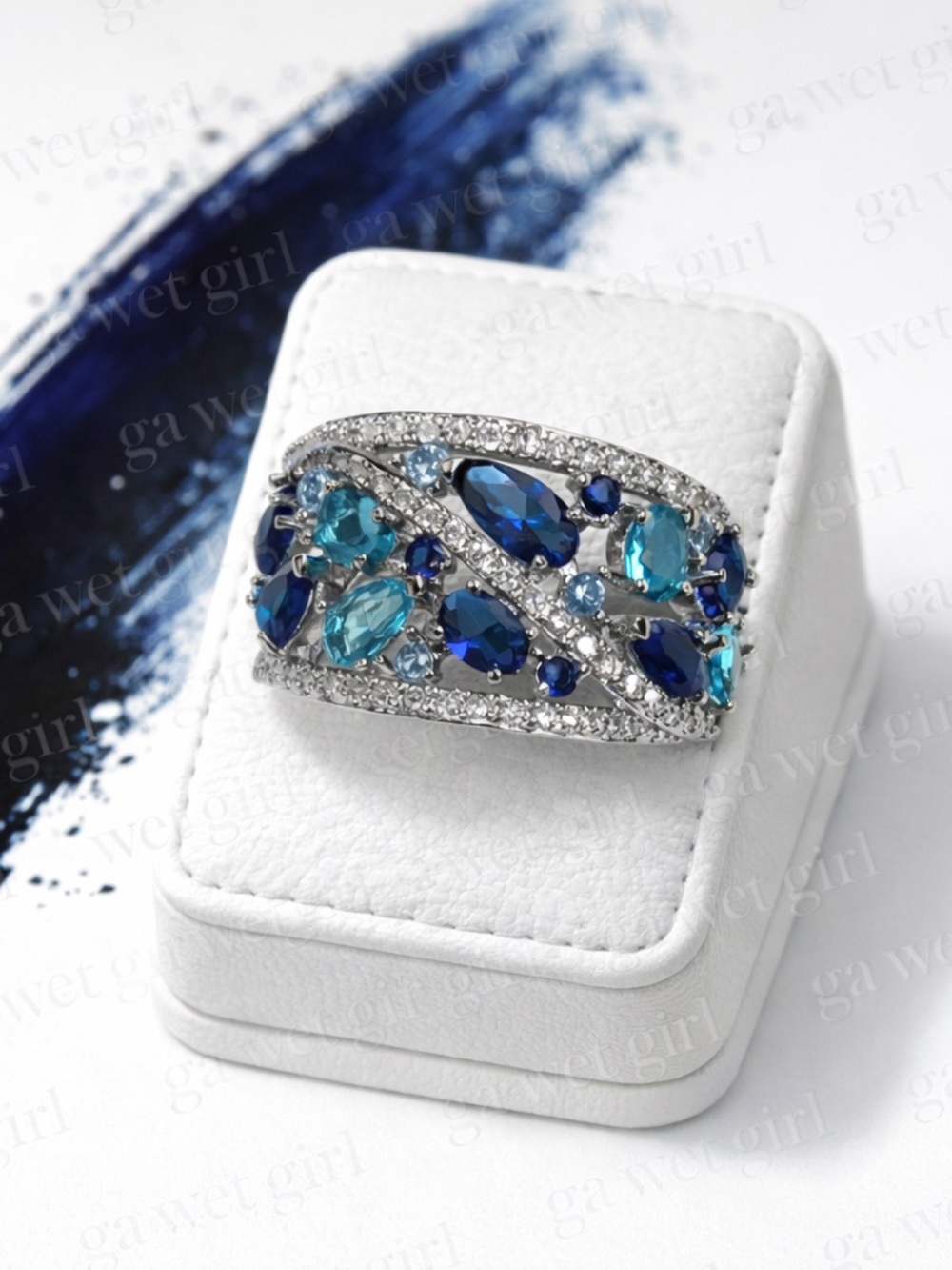 Elegant Blue Multi-Gem Silver Ring - Women Jewelry